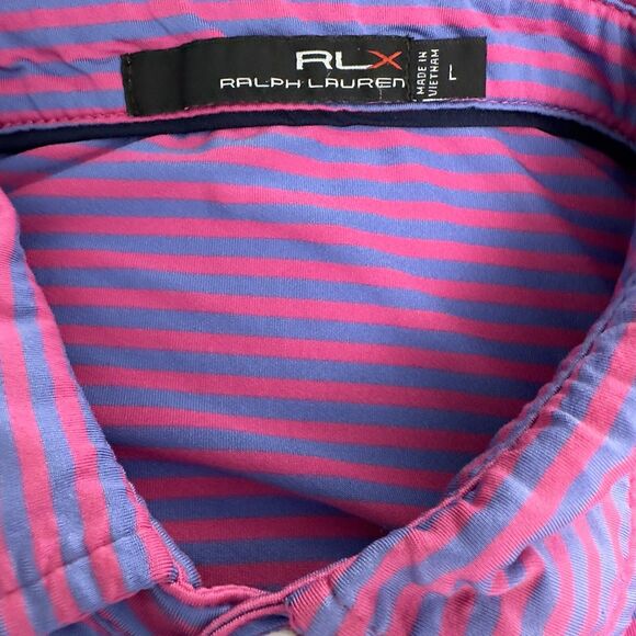 RLX Ralph Lauren Golf Polo Mens Large Striped Pink Blue Performance Shirt Logo - Picture 3 of 9